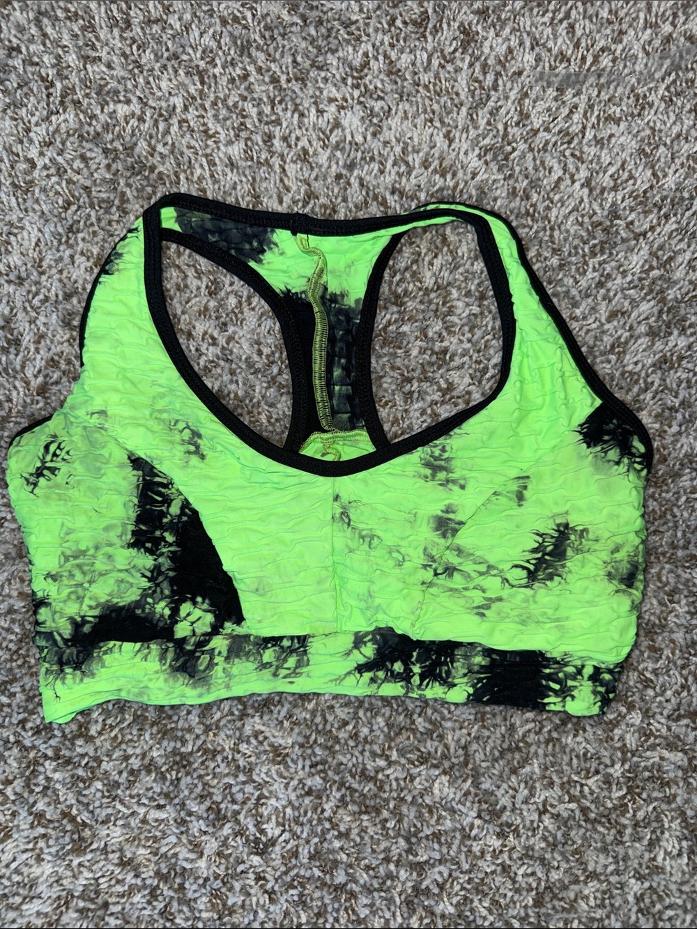 Neon Green Tie-Dye Racerback Sports Bra with Black Trim